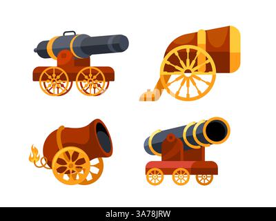 Set di cannoni d'epoca che sparano con fuoco e fumo sulle ruote Illustrazione Vettoriale