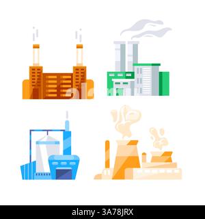 Insieme di edifici industriali che generano inquinamento da fumo Illustrazione Vettoriale