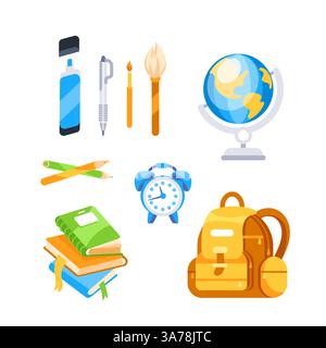 Un set di forniture scolastiche, tra cui uno zaino, libri e utensili da scrittura, sono stesi su un tavolo. Illustrazione Vettoriale