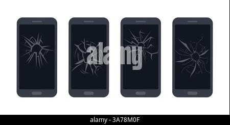 Illustrazione realistica di smartphone con touchscreen incrinati Illustrazione Vettoriale