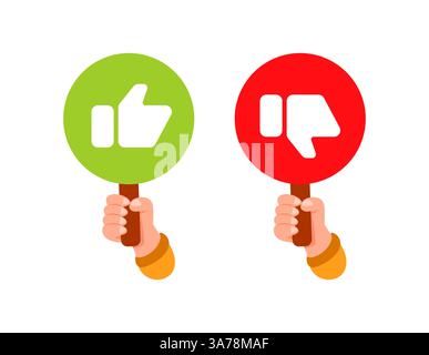 Mani che tengono i pollici verso l'alto e verso il basso segnali per votare o feedback Illustrazione Vettoriale