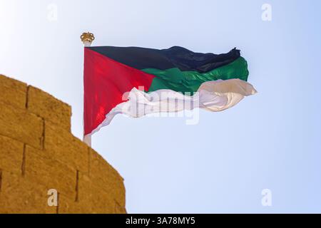 Aqaba, Giordania, una vista ravvicinata, la bandiera della rivolta araba sventolano nel vento, di giorno Foto Stock