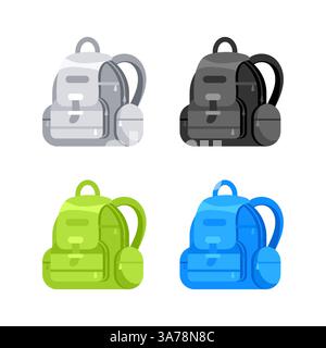 Quattro zaini colorati isolati su sfondo bianco per escursioni e attività all'aperto Illustrazione Vettoriale