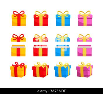 Scatole regalo colorate con nastri d'oro aspettano di essere aperte Illustrazione Vettoriale