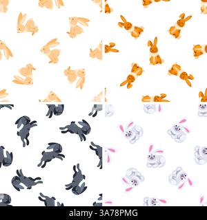 Motivo senza cuciture con simpatici conigli sdraiati, seduti e saltati, in bianco, arancione, beige e nero Illustrazione Vettoriale