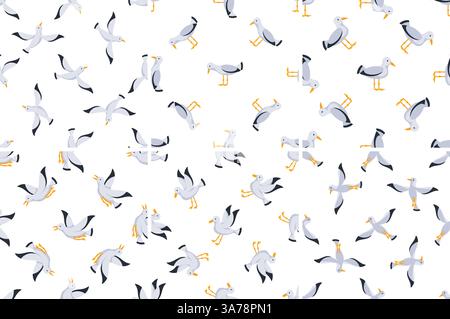 Motivo senza cuciture con gabbiani che volano e camminano su sfondo bianco Illustrazione Vettoriale