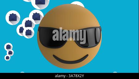 Immagine dell'icona emoji con occhiali da sole con icone e-mail su sfondo blu Foto Stock