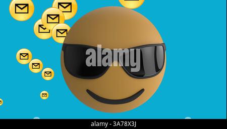 Immagine dell'icona emoji con occhiali da sole con icone e-mail su sfondo blu Foto Stock