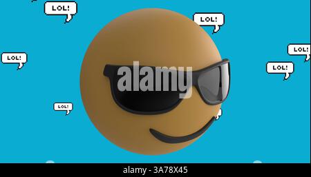 Immagine dell'icona emoji con occhiali da sole con testo lol su sfondo blu Foto Stock