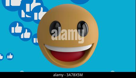 Immagine di un'icona emoji sorridente con occhiali da sole e icone con i pollici su sfondo blu Foto Stock