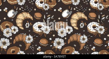 Bakery Sketch carta da parati Vintage Pattern Donut and Macaron Sweet Pastry sfondo senza cuciture Doodle Patisserie Vector Illustrazione Vettoriale