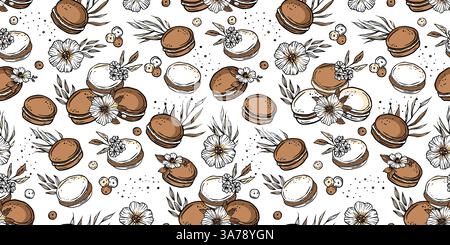 Carta da parati Vector per panificio Macaron francese senza cuciture con sfondo vintage Doodle Patisserie Illustrazione Vettoriale