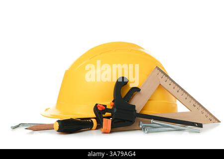 Gli strumenti e il cappello di carpentiere su sfondo bianco Foto Stock