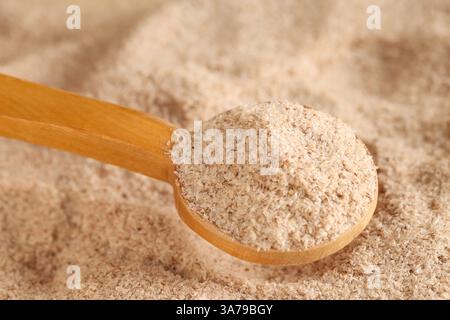 Cucchiaio con polvere di buccia di psiclio, primo piano Foto Stock