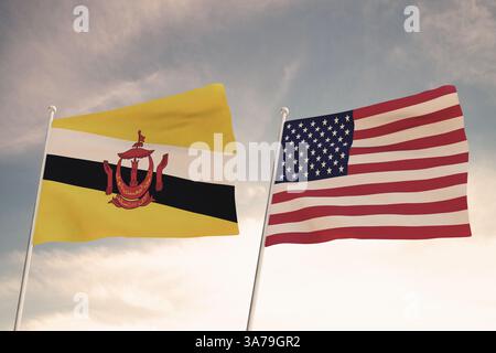 Relazioni tra i paesi degli Stati Uniti d'America USA e BRUNEI rappresentate dal concetto di due bandiere che sventolano contro un cielo nuvoloso.3d. Foto Stock