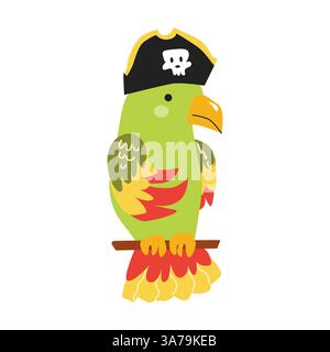 Colorato pappagallo pirata con cappello appollaiato su bastone di legno. Illustrazione Vettoriale