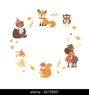 Adorabili animali della foresta in abbigliamento autunnale circondati da foglie cadenti per un design stagionale di biglietti d'auguri. Illustrazione Vettoriale