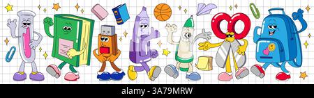 Groovy School fornisce set di personaggi dei cartoni animati: Libro sorridente, zaino, pennarelli e pallacanestro, colla e matita. Adorabile cartoleria, oggetti didattici mascotte con occhi, bocca, mani e piedi in colori retrò Illustrazione Vettoriale