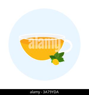 Rinfrescante tè alle erbe al limone in vetro trasparente con foglie di menta fresca Illustrazione Vettoriale