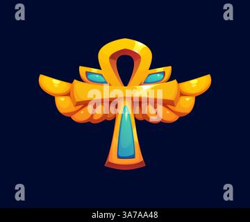 Antico Ankh alato dorato egiziano con pietre preziose blu. Icona del gioco in Egitto, risorsa del tesoro. Faraone mistico vettore cartoni animati simbolo della vita e protezione per giochi di avventura, mitologia o archeologia Illustrazione Vettoriale