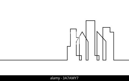 Città di linea. Singola città di lineart nera isolata su sfondo bianco. Creazione di un disegno continuo su una linea. Icona grafica disegnata a mano sulla linea. Disegna lo skyline Illustrazione Vettoriale