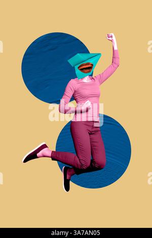 Modello di grafica creativa immagine di schizzo collage 3D di caricatura giovane donna corpo carta origami piano bocca sorriso salto pugno su levitate Foto Stock