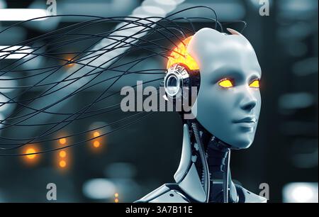 Caricare informazioni nel cervello di un robot femminile con intelligenza artificiale. Illustrazione 3D. Foto Stock