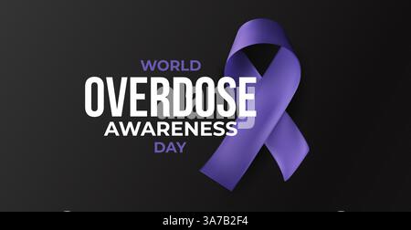 Nastro viola e titolo World Overdose Awareness Day su sfondo nero. Simbolo di perdita, prevenzione della dipendenza, supporto. Memorial Concept in 3D lucido Illustrazione Vettoriale