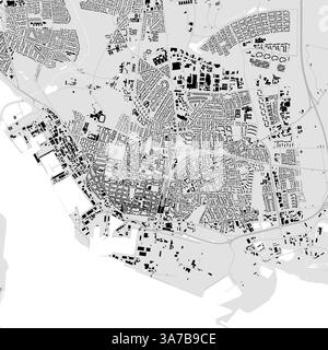 Mappa di Esbjerg, Danimarca. Mappa vettoriale dettagliata della città, area municipale. Mappa stradale in bianco e nero con edifici. Illustrazione Vettoriale