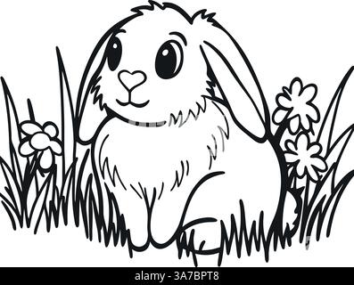 Adorabile coniglietto soffice seduto nell'erba con fiori in stile bianco e nero. Illustrazione Vettoriale