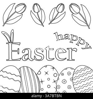 Pagina da colorare in bianco e nero a tema pasquale con tulipani, uova di Pasqua decorate e - buona Pasqua - testo con orecchie di coniglio pasquale. Illustrazione Vettoriale