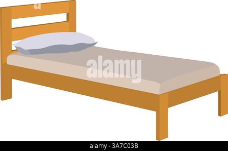 Un letto di legno con lenzuola bianche e un cuscino bianco sopra di esso. Letto singolo isolato su sfondo bianco Illustrazione Vettoriale