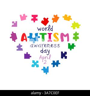 Banner di supporto per la giornata mondiale di sensibilizzazione sull'autismo. Post sulla timeline dei social media con forma del cuore creatosa e design tipografico. Storia di blog di rete. Colore Illustrazione Vettoriale