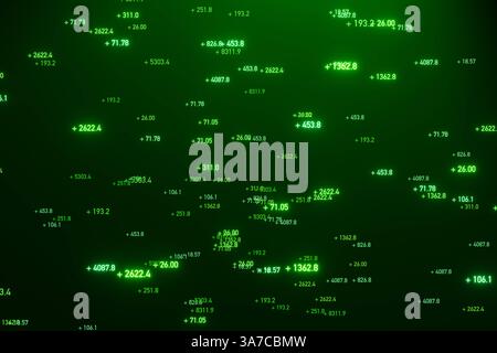Schermata verde con numeri mobili casuali positivi. Schermata verde con numeri mobili casuali positivi. Più firma, crescita, business e finanza, cifre illuminate, dati astratti, futuristico, scientifico, big data. img numbers022s03 numbers green Foto Stock