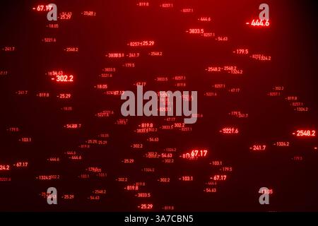 Schermata rossa con numeri mobili casuali negativi. Schermata rossa con numeri mobili casuali negativi. Segno meno, perdita, affari e finanza, cifre illuminate, dati astratti, futuristico, scientifico, big data. img numbers022s02 numbers red Foto Stock