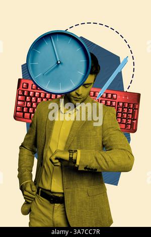 Modello di collage 3D grafica di tendenza schizzo di un giovane uomo in piedi orologio tastiera risorse umane responsabile del reclutamento Foto Stock