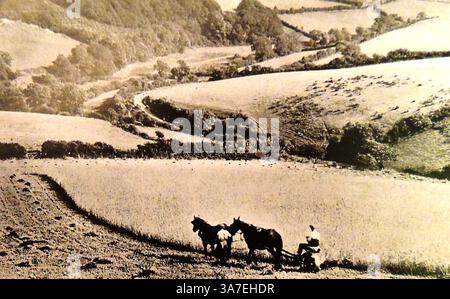 Immagini della Gran Bretagna negli anni '1940 -- 1940 , raccolta con cavalli nella Badgworthy Valley, Exmoor, Regno Unito . La valle è associata al libro "Lorna Doone" Foto Stock