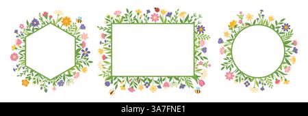 Set di cornici con fiori e insetti Illustrazione Vettoriale