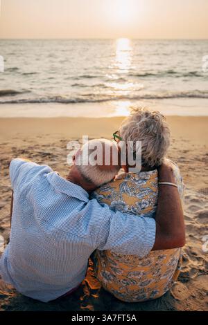 Vista posteriore dell'affettuoso anziano che si appoggia al fidanzato seduto sulla spiaggia Foto Stock