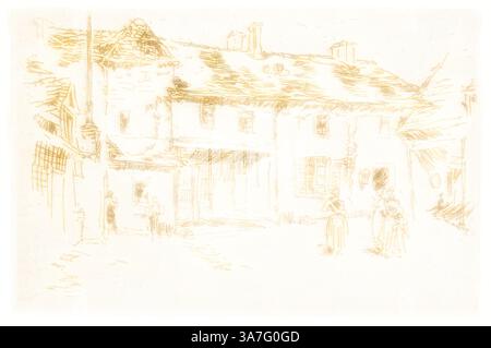 Una scena rustica raffigurante un caratteristico edificio con tetto spiovente, caratterizzato da diverse finestre e camini. In primo piano, due figure stanno insieme, mentre un altro individuo è posizionato vicino all'ingresso della struttura, creando un senso di vita quotidiana in un'epoca passata. L'area circostante sembra essere una miscela di spazi aperti e di sentieri, aggiungendo fascino all'ambiente., arte classica con un tocco moderno reinventata da Artotop, Hôtel de la Promenade, Loches, 1888, James McNeill Whistler, americano, 1834-1903, Stati Uniti, incisione con morso in inchiostro marrone scuro su avorio Foto Stock