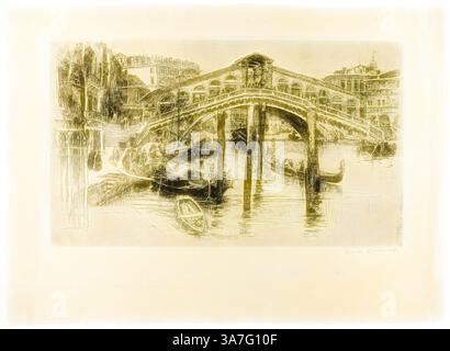 Un ambiente tranquillo caratterizzato da un ponte storico che si erge su un canale tranquillo, fiancheggiato da edifici pittoreschi. Le gondole sono ormeggiate lungo il bordo dell'acqua, aggiungendo un tocco di fascino al pittoresco paesaggio. L'atmosfera evoca un senso di pace nostalgia., arte classica con un tocco moderno reinventata da Artotop, The Rialto, Venice, 1883, Frank Duveneck, americano, 1848-1919, Stati Uniti, incisione, con punto di disidratazione, su carta intrecciata con panna Foto Stock