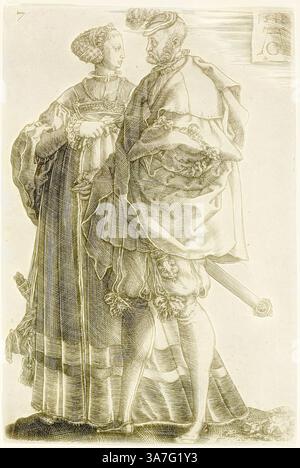 Una nobile coppia scambia sguardi, adornata da eleganti abiti storici. La donna indossa fantasie intricate e un copricapo sorprendente, mentre l'uomo è vestito con abiti elaborati, tenendo una spada al suo fianco. Le loro pose e espressioni trasmettono un senso di intimità e intrigo, ambientato su un sottile sfondo che esalta le loro figure., arte classica con un tocco moderno reinventata da Artotop, coppia danzante, piatto sette da The Large Wedding-Dancers, 1538, Heinrich Aldegrever, tedesco, 1502-c.1560, Germania, incisione in nero su carta posato avorio Foto Stock