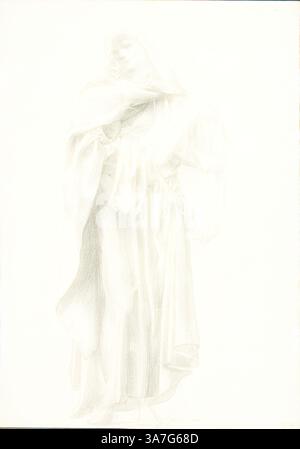 Una figura drappeggiata in abiti fluenti si erge in una posa aggraziata, che trasmette un senso di serenità ed etereità, con linee morbide e texture sottili che accentuano l'eleganza della forma., arte classica con un tocco moderno reinventata da Artotop, figura maschile drappeggiata (sketchbook #2614), c. 1873–77, Sir Edward Burne-Jones, inglese, 1833-1898, Inghilterra, grafite su carta tessuta d'avorio Foto Stock