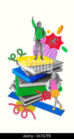 Collage d'arte contemporanea. Scolaro in piedi alto su libri di alto livello, mentre la ragazza guarda in alto, simboleggiando il successo, l'ambizione, l'apprendimento Foto Stock