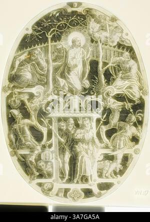 Una scenografia allegorica dettagliata con una figura centrale, circondata da vari personaggi e simboli, raffigurante temi di fede, moralità e giudizio divino. La composizione è ricca di disegni e figure intricate, che mostrano una miscela di elementi umani e mitici all'interno di un quadro strutturato., arte classica con un tocco moderno reinventata da Artotop, Agonia nel Giardino, da passione di Cristo, 1575/1600, Jan Sadeler, il Vecchio (fiammingo, 1550-1600), dopo Marcus Gheeraerts, il Vecchio (fiammingo, c. 1520-c.. 1590), Fiandre, incisione in nero su carta posato avorio Foto Stock