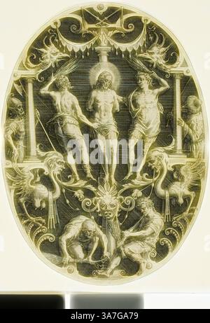 Una figura centrale di Cristo è raffigurata sulla croce, circondata da varie figure bibliche e creature simboliche. La composizione presenta dettagli intricati che catturano l'intensità emotiva della scena, con espressioni di dolore e riverenza evidenti tra le figure. Elementi decorativi valorizzano il tema spirituale complessivo del sacrificio e della redenzione., arte classica con un tocco moderno reinventata da Artotop, Flagellation, From Passion of Christ, 1575/1600, Jan Sadeler, il Vecchio (Fiammingo, 1550-1600), dopo Marcus Gheeraerts, il Vecchio (fiammingo, c. 1520-c.. 1590), Fiandre, incisione in bla Foto Stock