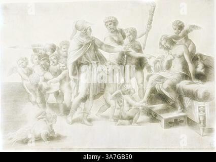 Una scena drammatica si dispiega con figure della mitologia, con un guerriero centrale adornato di armatura e una corona d'alloro, circondato da cherubini e altri esseri mitologici. L'ambientazione trasmette un senso di movimento e interazione, mettendo in evidenza temi di eroismo e intervento divino. Arte classica con un tocco moderno reinventata da Artotop, Alessandro e Roxana, XVI secolo, Giovanni Jacopo Caraglio (italiano, 1500/05-1565), dopo Rafaello Sanzio, chiamato Raffaello (italiano, 1483-1520), Italia, incisione stampata in nero su carta Foto Stock