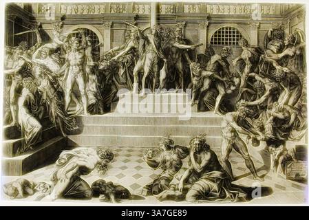 Una scena drammatica che raffigura una lotta caotica, con numerose figure in pose contorte, alcune in conflitto e altre in osservazione. La composizione è ambientata in un grande spazio architettonico, enfatizzando temi di tensione ed emozione. Al centro dell'opera c'è una figura sollevata su gradini, circondata da una serie di personaggi espressivi impegnati in varie azioni. Arte classica con un tocco moderno reinventata da Artotop, il massacro degli innocenti, n.d., Nicolas Beatrizet (francese, 1515-dopo 1565), dopo Baccio Bandinelli (italiano, 1493-1560), Francia, incisione su carta Foto Stock