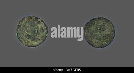 Un paio di monete antiche, che mostrano disegni e iscrizioni intricati, con un abbigliamento significativo indicativo della loro età e storia., arte classica con un tocco moderno reinventata da Artotop, moneta raffigurante l'eroe Ercole, circa 300/200 a.C., greca, antica Grecia, bronzo, diam. 1,5 cm, 3,30 g Foto Stock