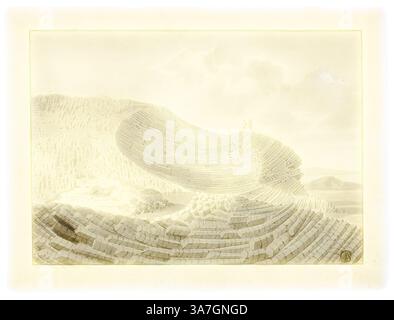 Un paesaggio surreale caratterizzato da colline ondulate e forme curvilinee, stratificate come una serie di terrazze, creando una scena da sogno che fonde la natura con una qualità astratta e architettonica. I contorni morbidi e le ombre delicate evocano un senso di profondità e tranquillità., arte classica con un tocco moderno reinventata da Artotop, Giant's Causeway, 1772, John Michiely, II, inglese, 1747-1786, Inghilterra, penna e inchiostro nero e spazzola e lavaggio grigio con gesso nero, su carta panna Foto Stock